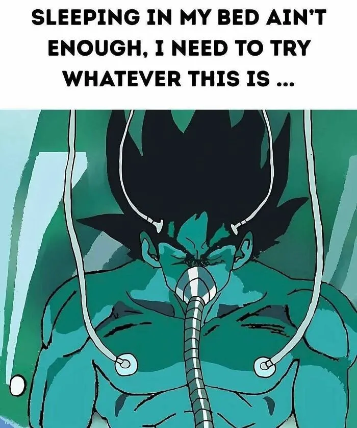Dragon Ball character in oxygen mask meme from nostalgic 1990s and 2000s eras