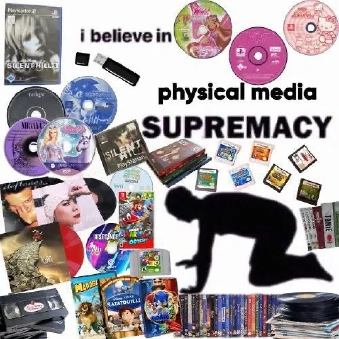 Collage of physical media including CDs, DVDs, and game cartridges representing media supremacy