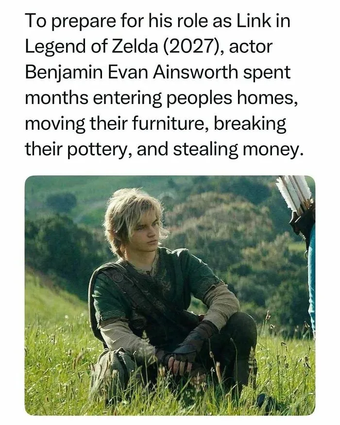 Actor Benjamin Evan Ainsworth as Link in Legend of Zelda prepping by moving furniture and stealing money