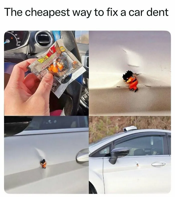 Creative car dent repair with Dragon Ball Z figure stuck in the dent as a funny fix