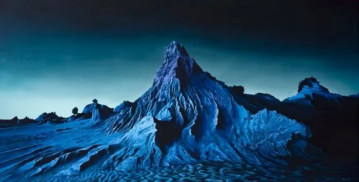 Vivid, dreamlike mountain landscape painting in striking blue tones.