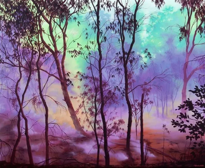 Dreamlike forest landscape painting with vivid purple and green hues.