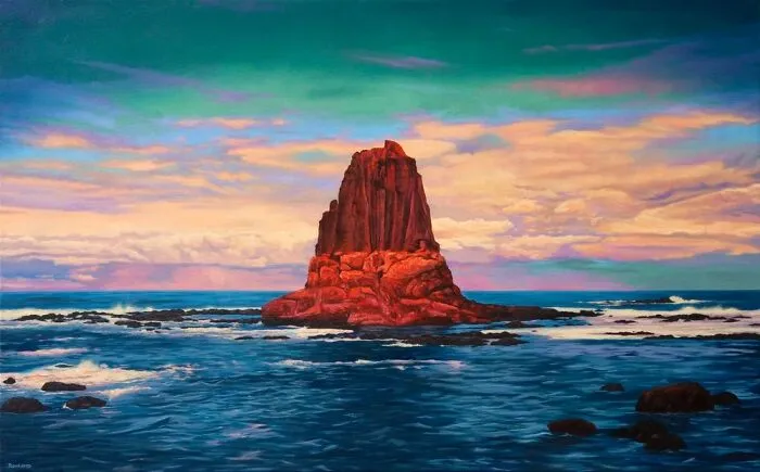 A vibrant painting of a red rock formation in the ocean under a dreamlike, colorful sky, showcasing desert and mountain landscapes.