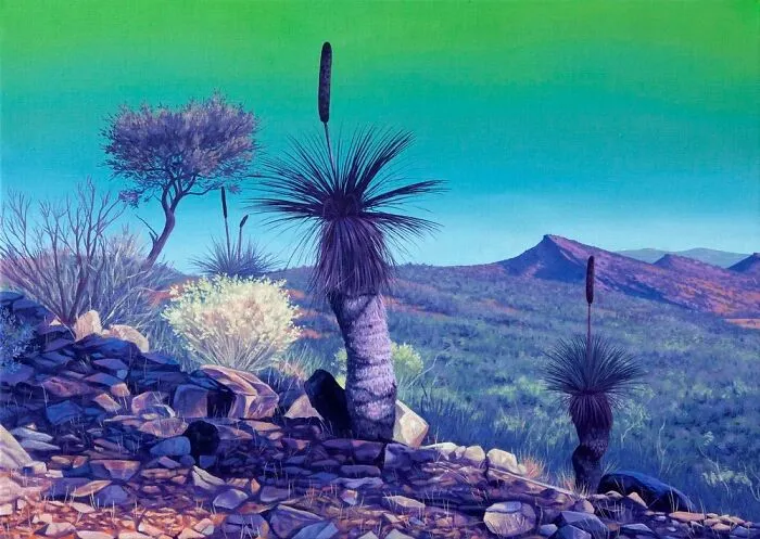 An artist's painting depicting a desert mountain landscape with striking purple plants and a green sky.