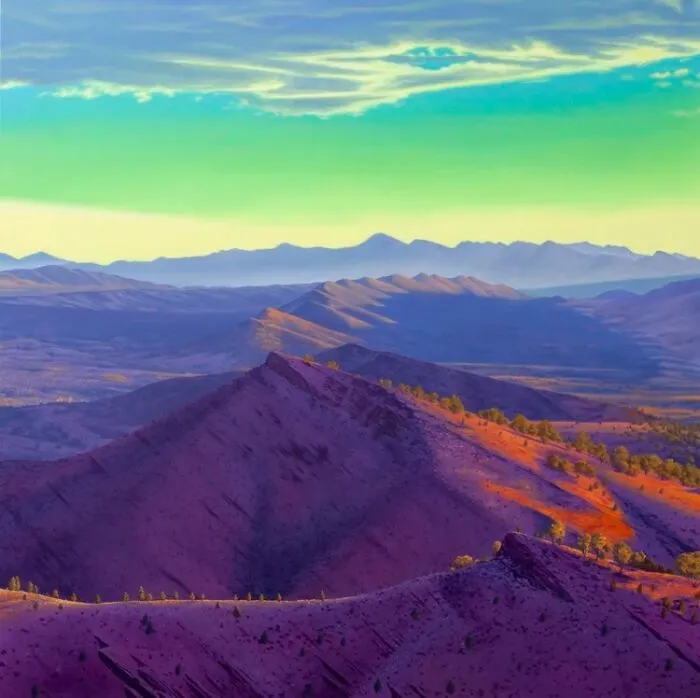 A vibrant artist's painting of purple desert mountain landscapes under a bright green and yellow sky.