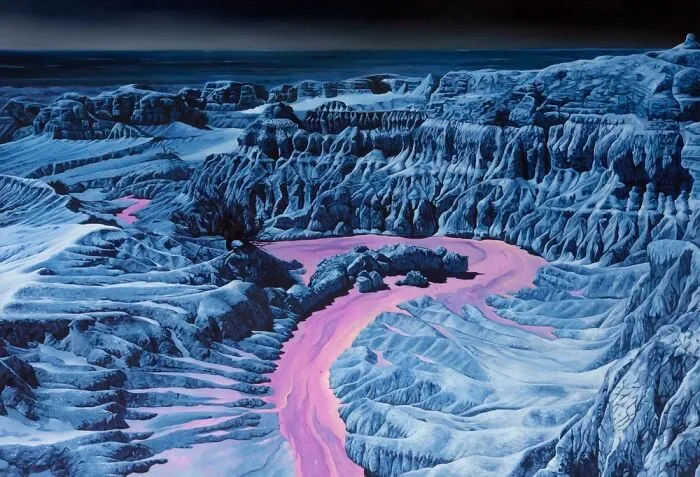An artist's dreamlike painting of mountain landscapes with a striking pink river flowing through blue terrain.