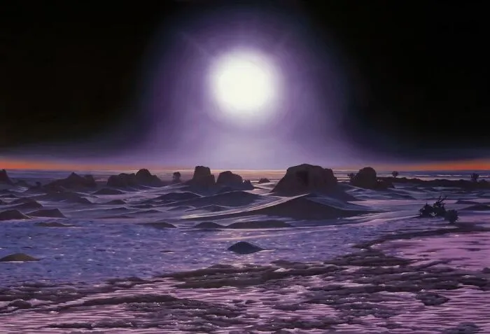 A dreamlike painting of a desert landscape under a bright, purple sun, showcasing vivid colors.