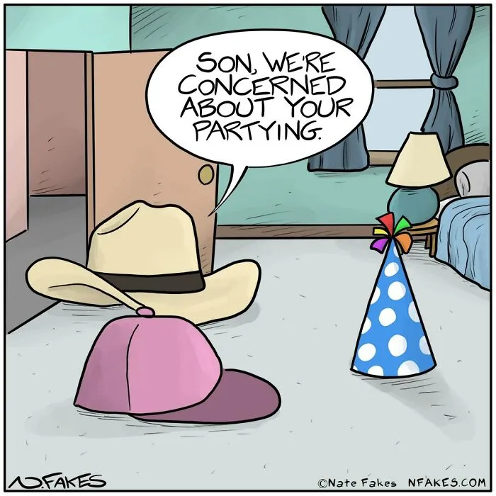 Hats and party hat with speech bubble about concern of partying comic