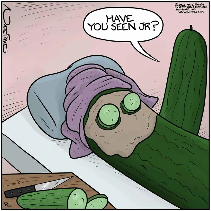 Cucumber spa scene with cucumber asking about missing cucumber slice comic