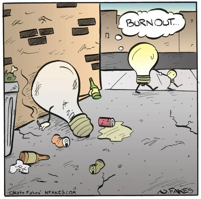 Cartoon of light bulbs showing concept of burnout with one broken bulb