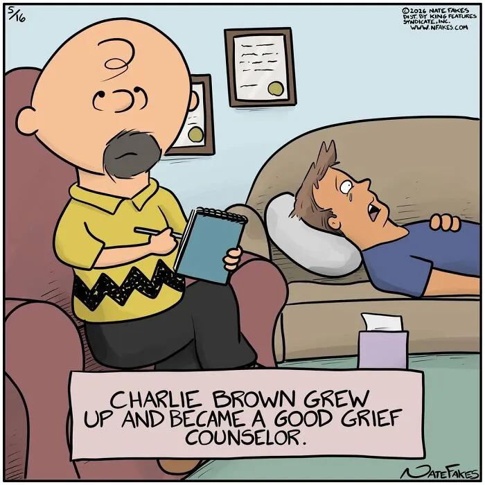 Charlie Brown as grief counselor listening to patient on couch comic