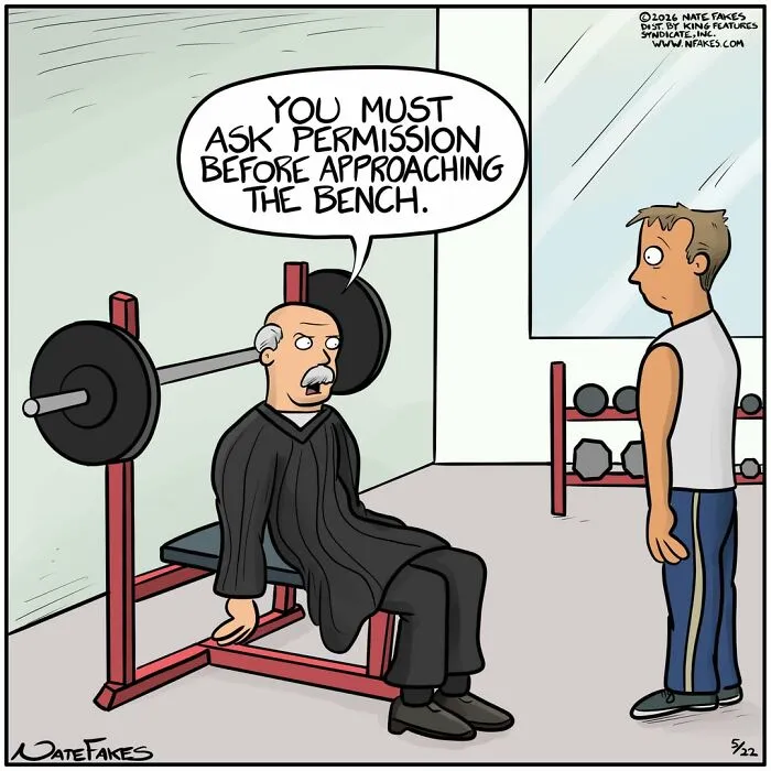 Nate Fakes comic showing man told to ask permission before using bench press at gym