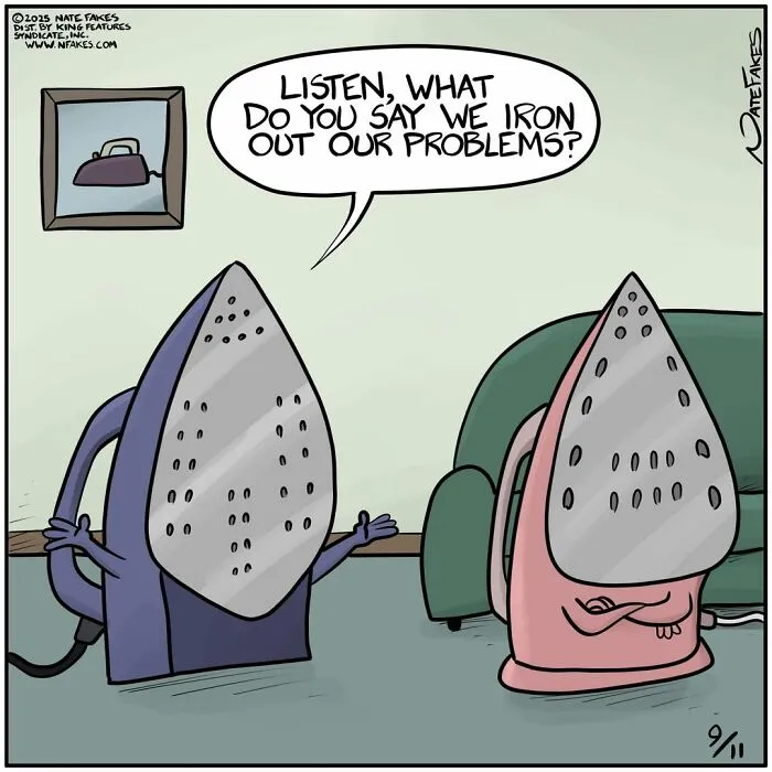 Funny comic with two irons discussing ironing out their problems by Nate Fakes comics