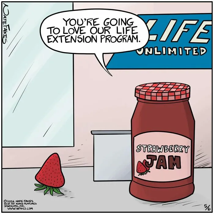 Life extension program joke in a comic with a strawberry and jam jar