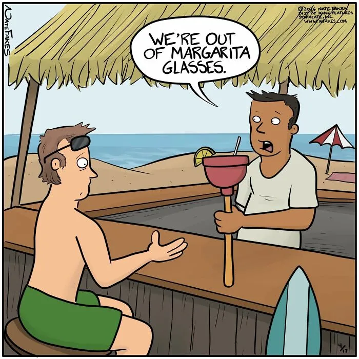 Cartoon of bartender telling customer they are out of margarita glasses