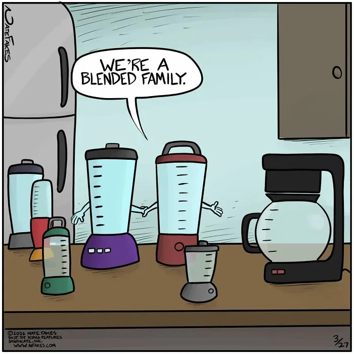 Blended family humor featuring animated blenders in a kitchen comic