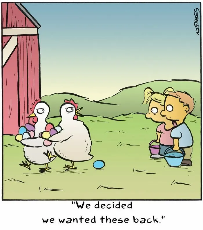 Relatable Nate Fakes comic of chickens returning Easter eggs to children outdoors