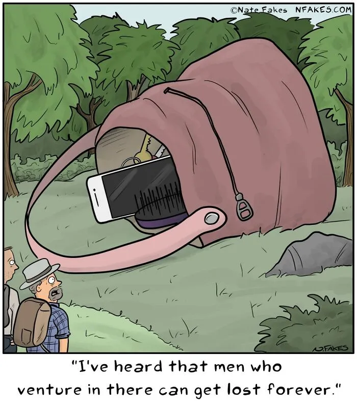 Funny comic showing a giant handbag with items inside and two men looking at it in a forest