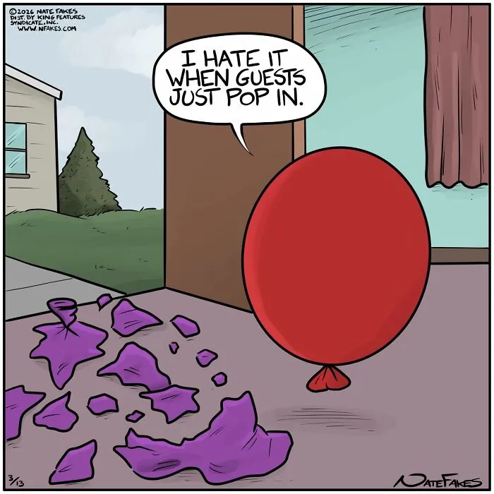Funny comic showing a red balloon upset about guests popping in next to broken purple vase
