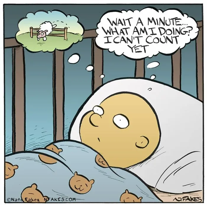 Funny baby cartoon comic about counting sheep by Nate Fakes