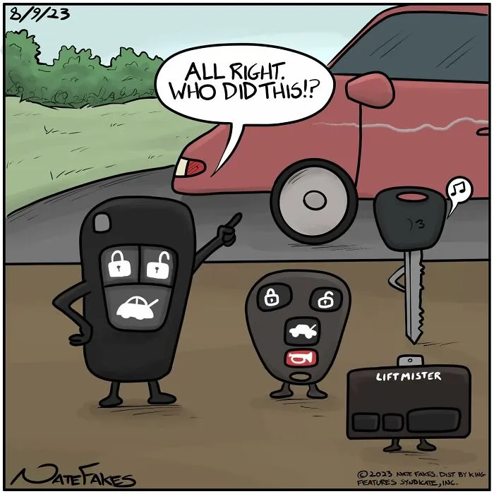 Humorous Nate Fakes comic with car keys asking who scratched the car surface