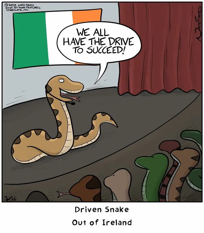 Nate Fakes comic with driven snake giving motivational speech in Ireland