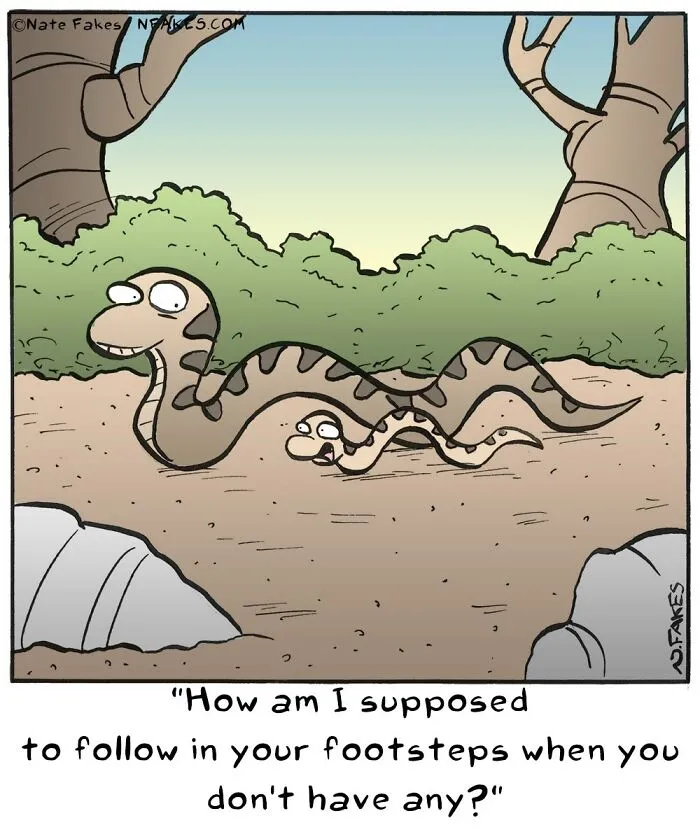 Nate Fakes comic shows snakes discussing following footsteps humor