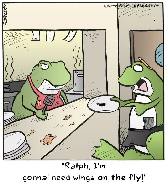 Funny comics by Nate Fakes featuring frogs in a kitchen with humorous dialogue