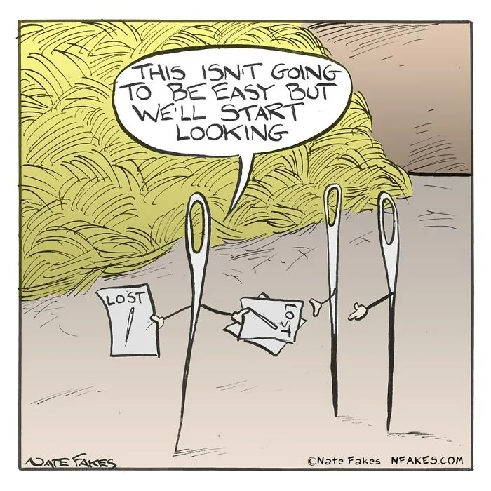 Nate Fakes comic showing pins searching for a lost item in hay