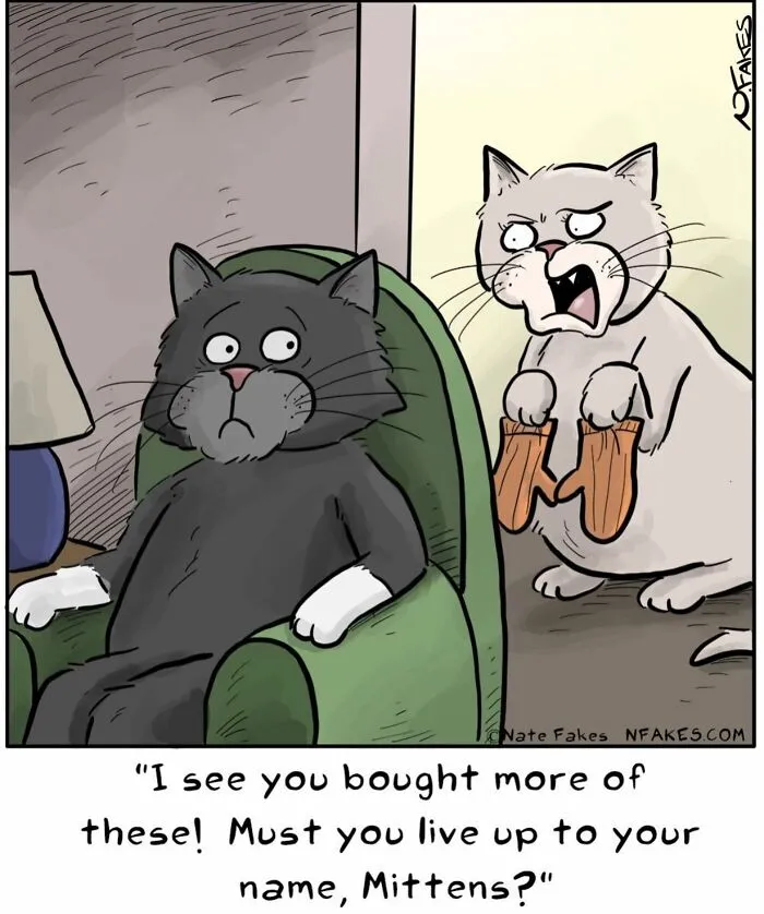 Nate Fakes comic with two cats, one scolding the other for buying mittens