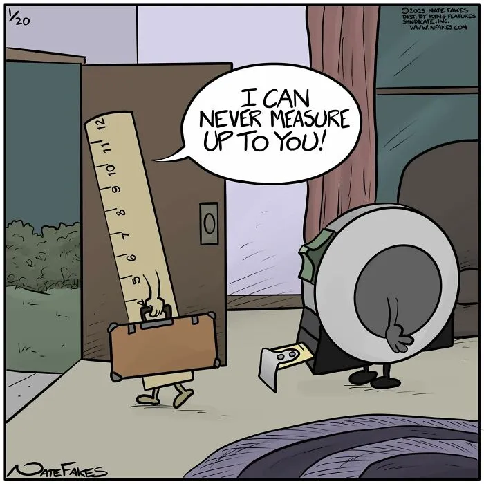 Ruler and tape measure comic about never measuring up humor