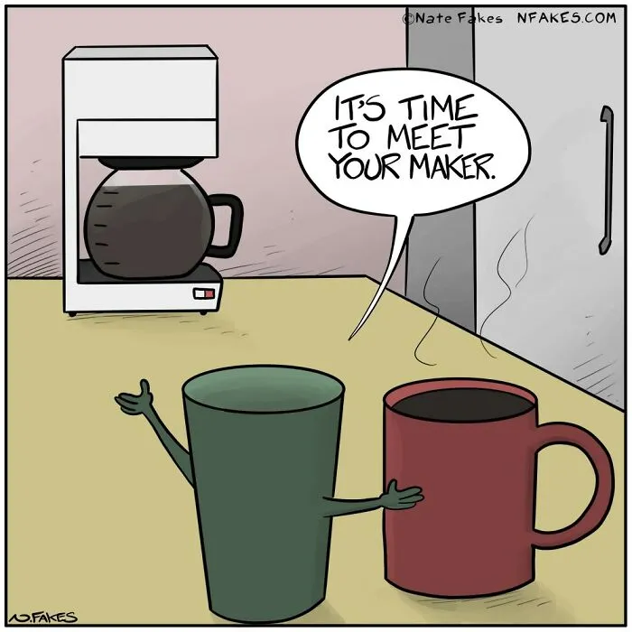 Coffee maker and cup comic with cup meeting its maker