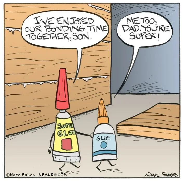 Glue and super glue bonding in a humorous comic by Nate Fakes