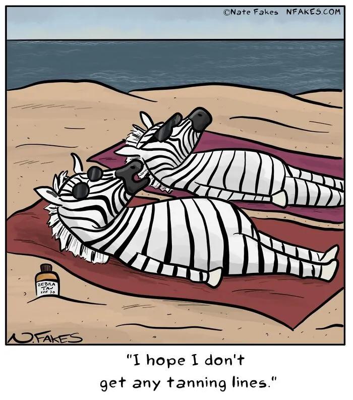 Zebras worried about tanning lines in comic by Nate Fakes
