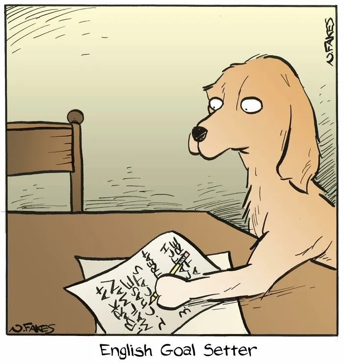 Cartoon of a dog writing on paper titled English goal setter