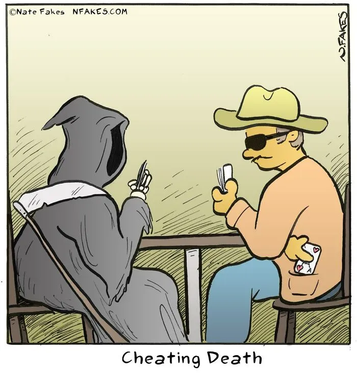 Humorous comic showing a man and Death playing cards cheating