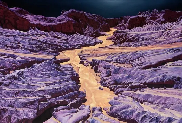 Artist paints desert landscape in vivid, dreamlike colors with a striking river of sand.