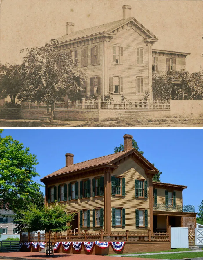 La casa de Abraham Lincoln en Springfield, Illinois. Vista aquí en 1861 y en la actualidad.