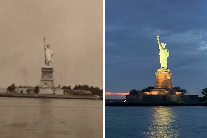 Estatua de la Libertad: Foto de la izquierda tomada por mi bisabuelo en 1937, foto de la derecha tomada por mí en 2019.