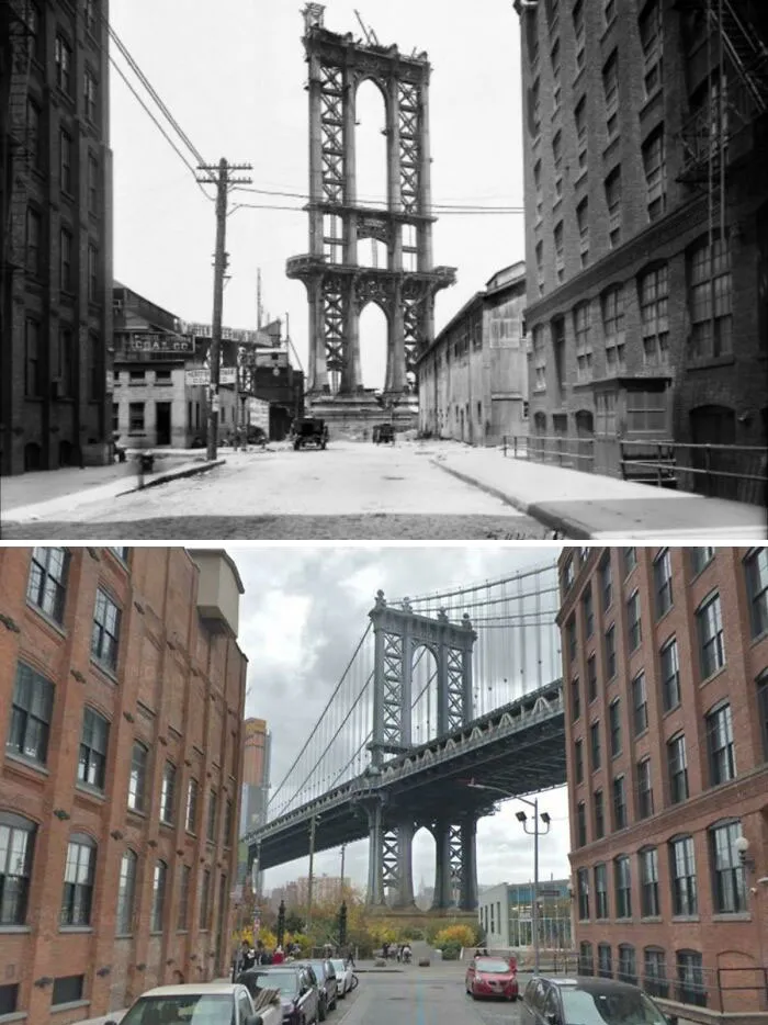 Puente de Manhattan sin terminar en 1908 y ahora