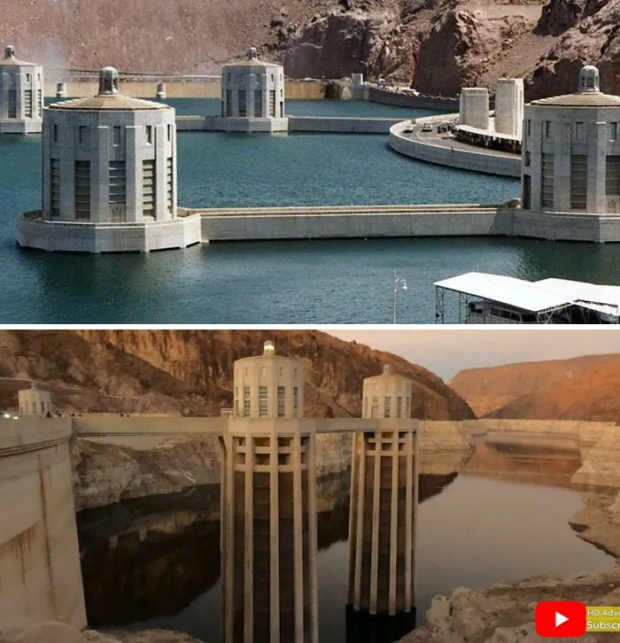 Nivel del agua de la presa Hoover en julio de 1983 frente a diciembre de 2022