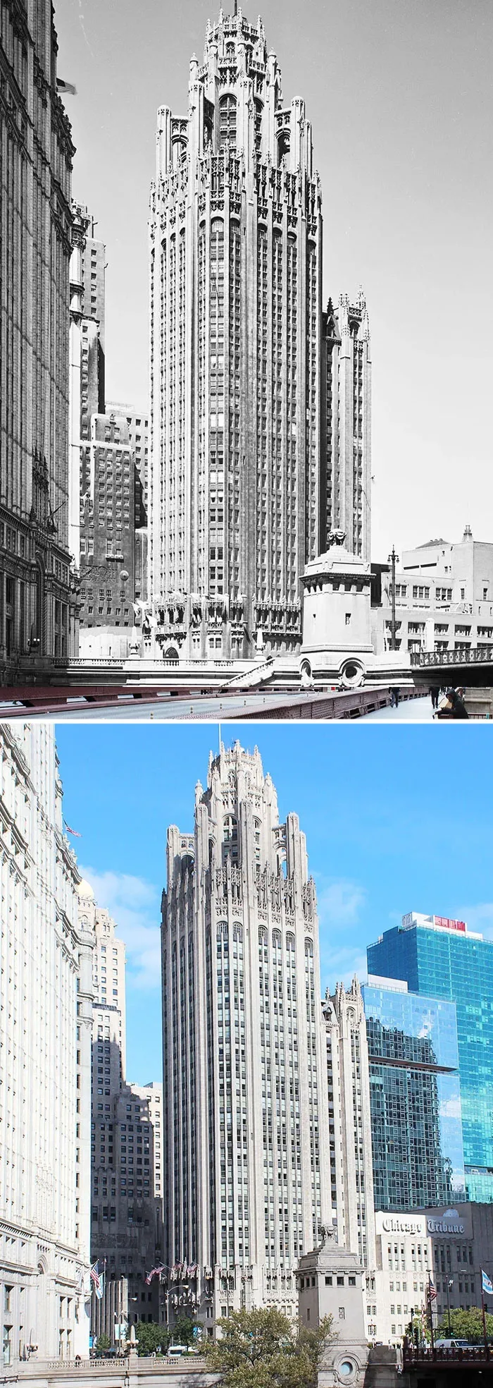 La Torre Tribune, ubicada en el número 435 de North Michigan Avenue, vista desde el otro lado del río Chicago: 1931 y la actualidad.