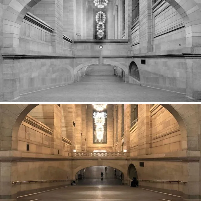 Terminal Grand Central, Nueva York. 1912 (arriba), 2021 (abajo).