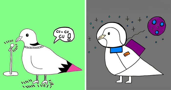 This Illustrator Gives Doves Distinct Personalities In A Charming Series Inspired By A Real Rescue Bird (16 Pics)