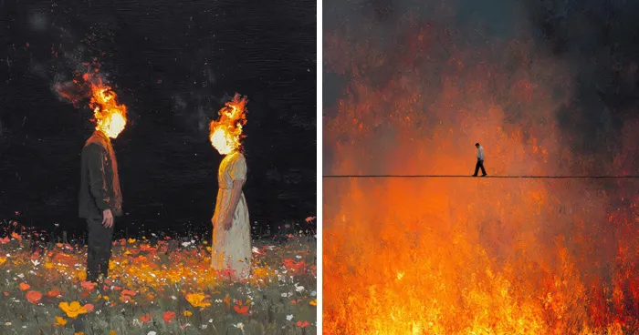 This Artist Turns Fire, Silence, And Emotional Pain Into Deeply Psychological Surreal Art (33 New Pics)