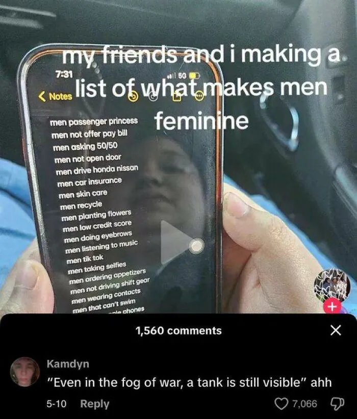 Humorous screenshot listing what makes men feminine on phone with social media comment