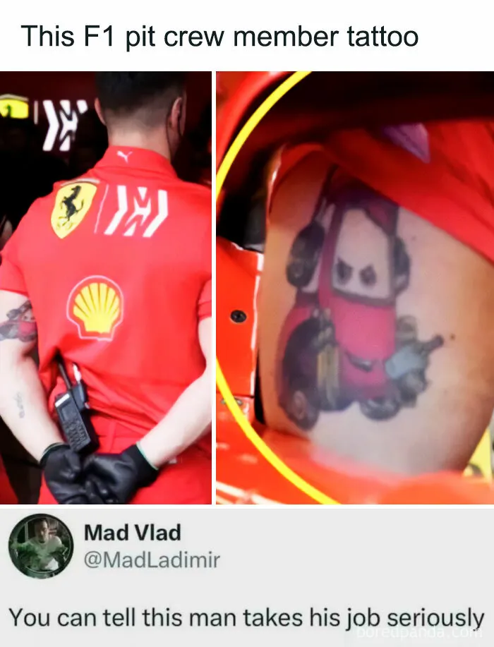 A relatable meme of an F1 pit crew member with a unique tattoo, showcasing their dedication to their job.