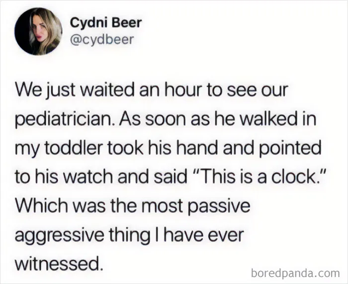 A relatable meme from X (formerly Twitter) about a toddler passive aggressively pointing to a pediatrician's watch.