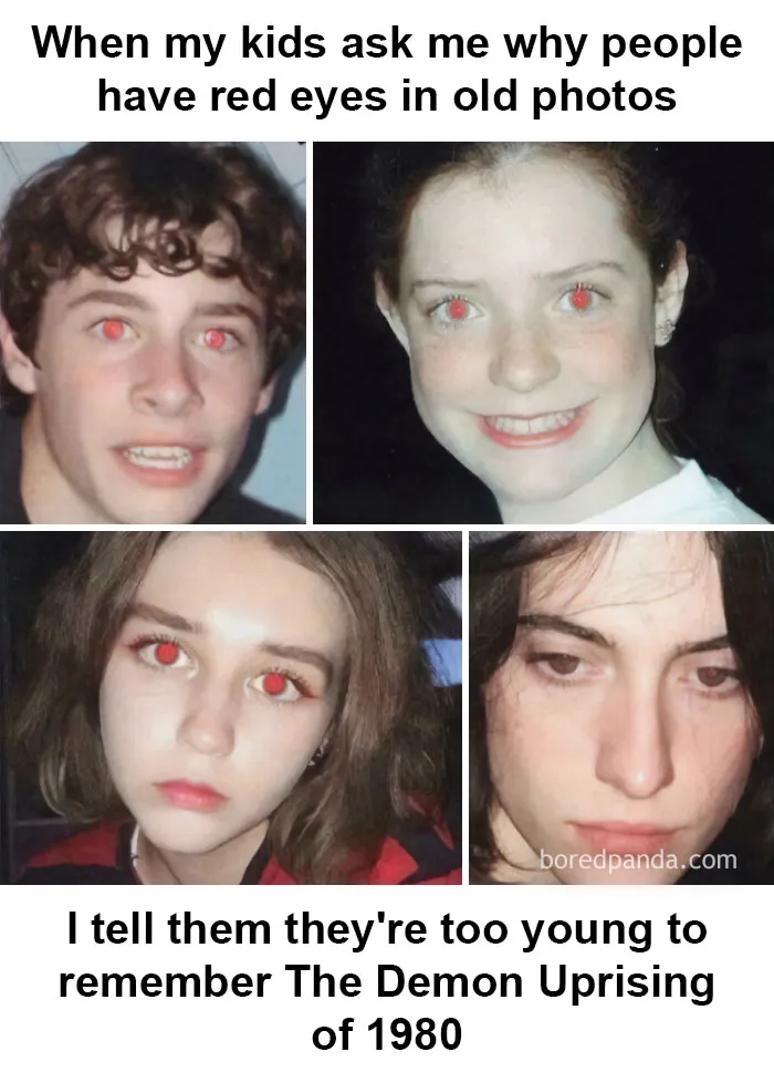A relatable meme featuring four photos of people with red eyes and a caption about a 'Demon Uprising of 1980'.