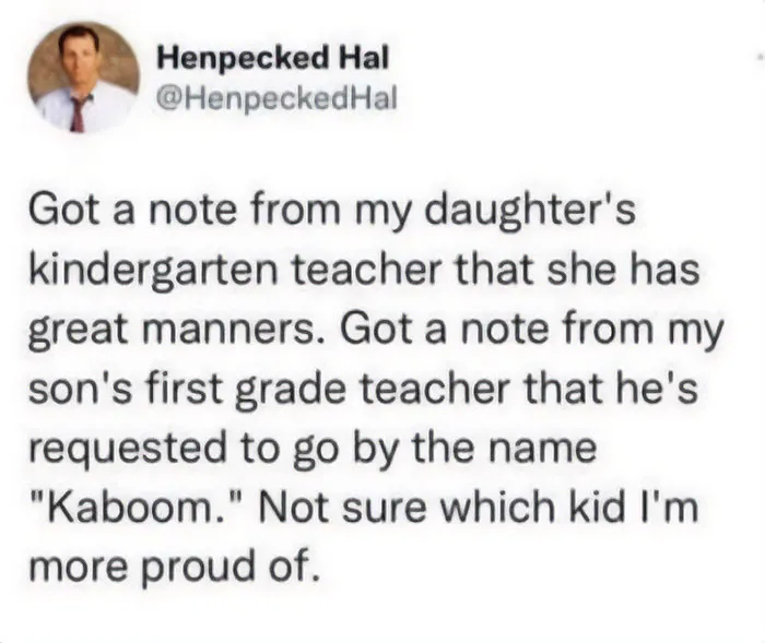 A relatable meme by Henpecked Hal about his kids' contrasting notes from school, one with great manners, the other named Kaboom.
